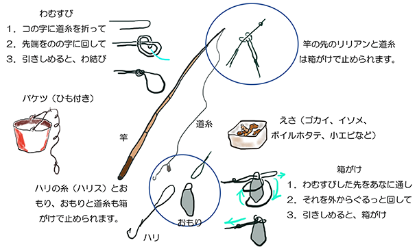 ハゼ釣りの道具(のべ竿、みゃく釣りしかけ)