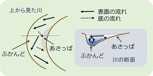 川の曲がりがある場合のあさっぱとふかんどの場所